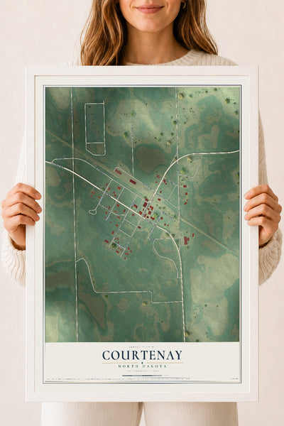 Map of Courtenay, North Dakota, 18 x 24 inch print in a white wood frame