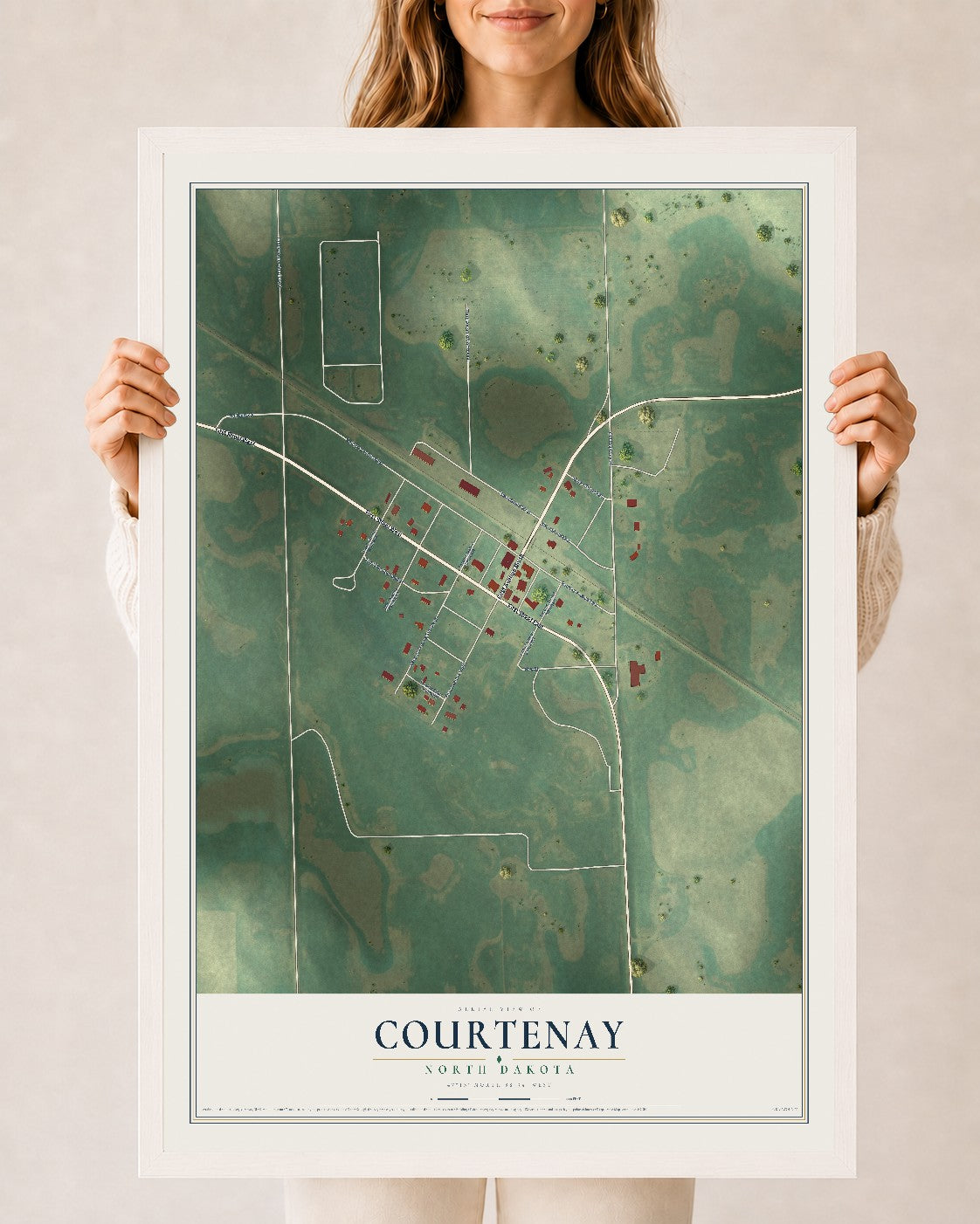 Map of Courtenay, North Dakota, 24 x 36 inch print in a white wood frame