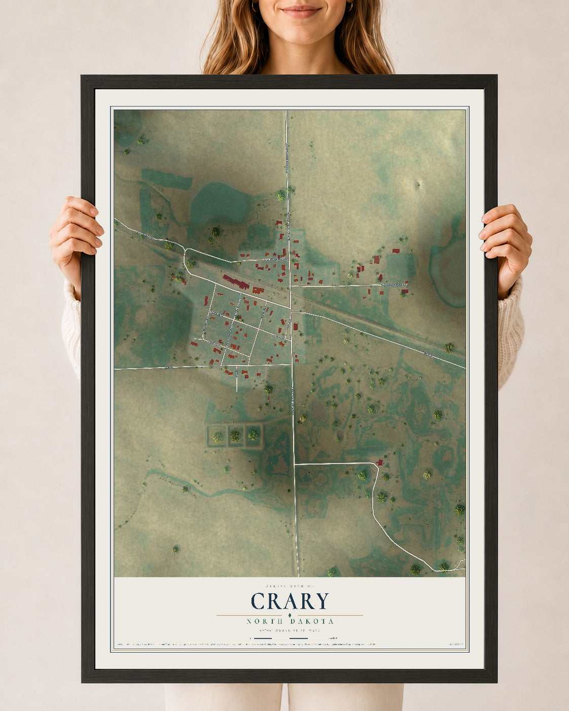 Map of Crary, North Dakota, 24 x 36 inch print in a black wood frame