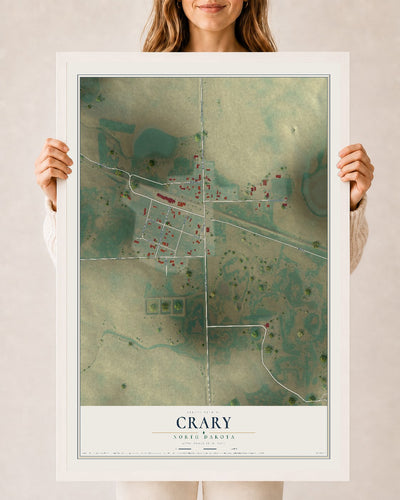 Map of Crary, North Dakota, 24 x 36 inch print in a white wood frame