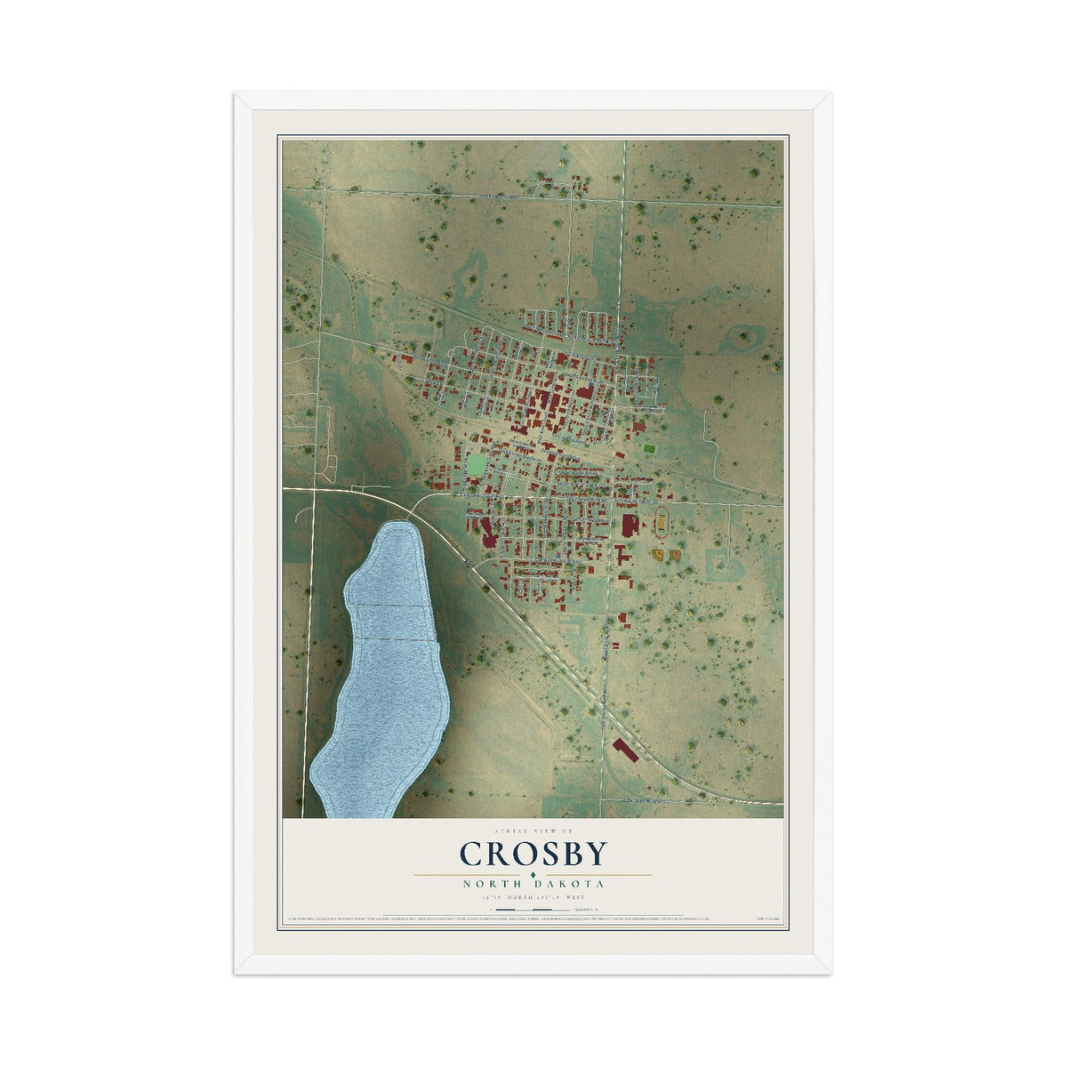Map of Crosby, North Dakota, 12 x 18 inch print in a white wood frame