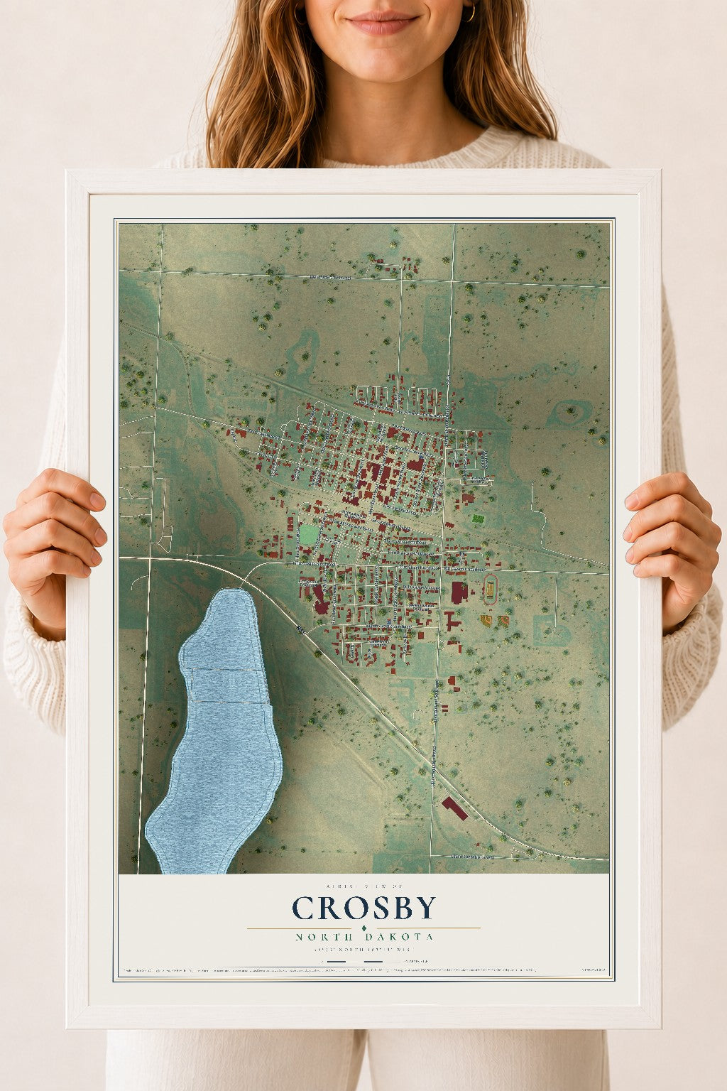 Map of Crosby, North Dakota, 18 x 24 inch print in a white wood frame