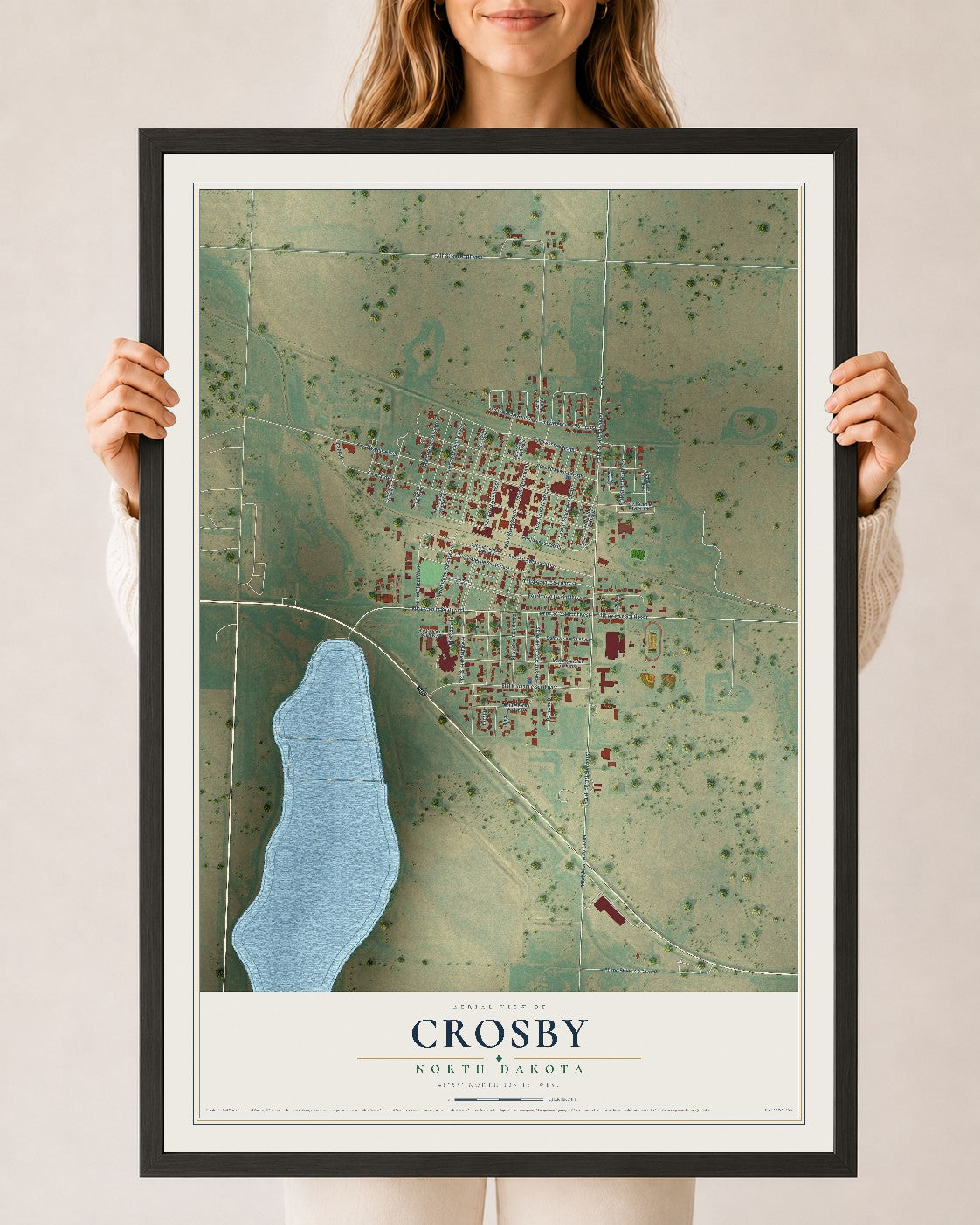 Map of Crosby, North Dakota, 24 x 36 inch print in a black wood frame