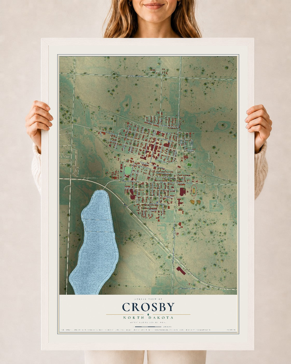 Map of Crosby, North Dakota, 24 x 36 inch print in a white wood frame