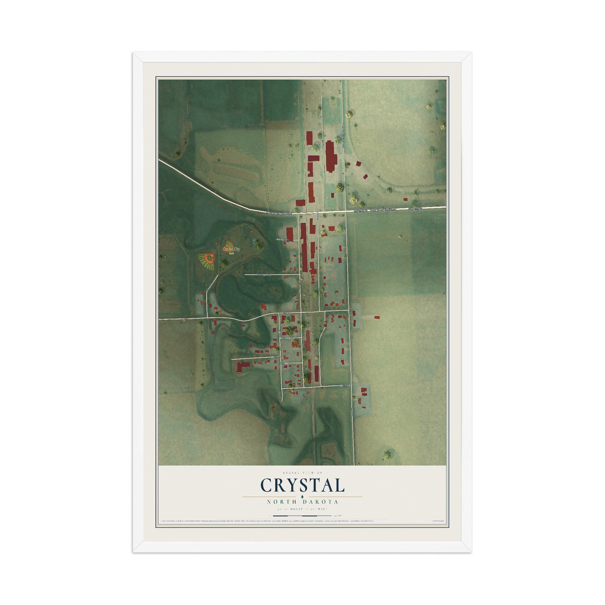 Map of Crystal, North Dakota, 12 x 18 inch print in a white wood frame