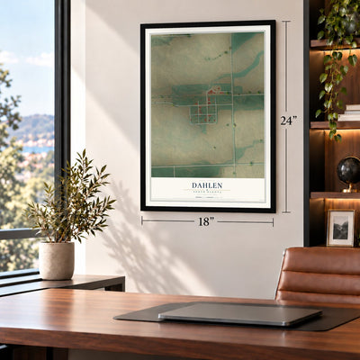 Dahlen, North Dakota map, 18 x 24 inch print in a black frame in a home office