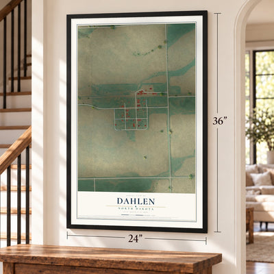 Dahlen, North Dakota map, 24 x 36 inch print in a black frame by a staircase