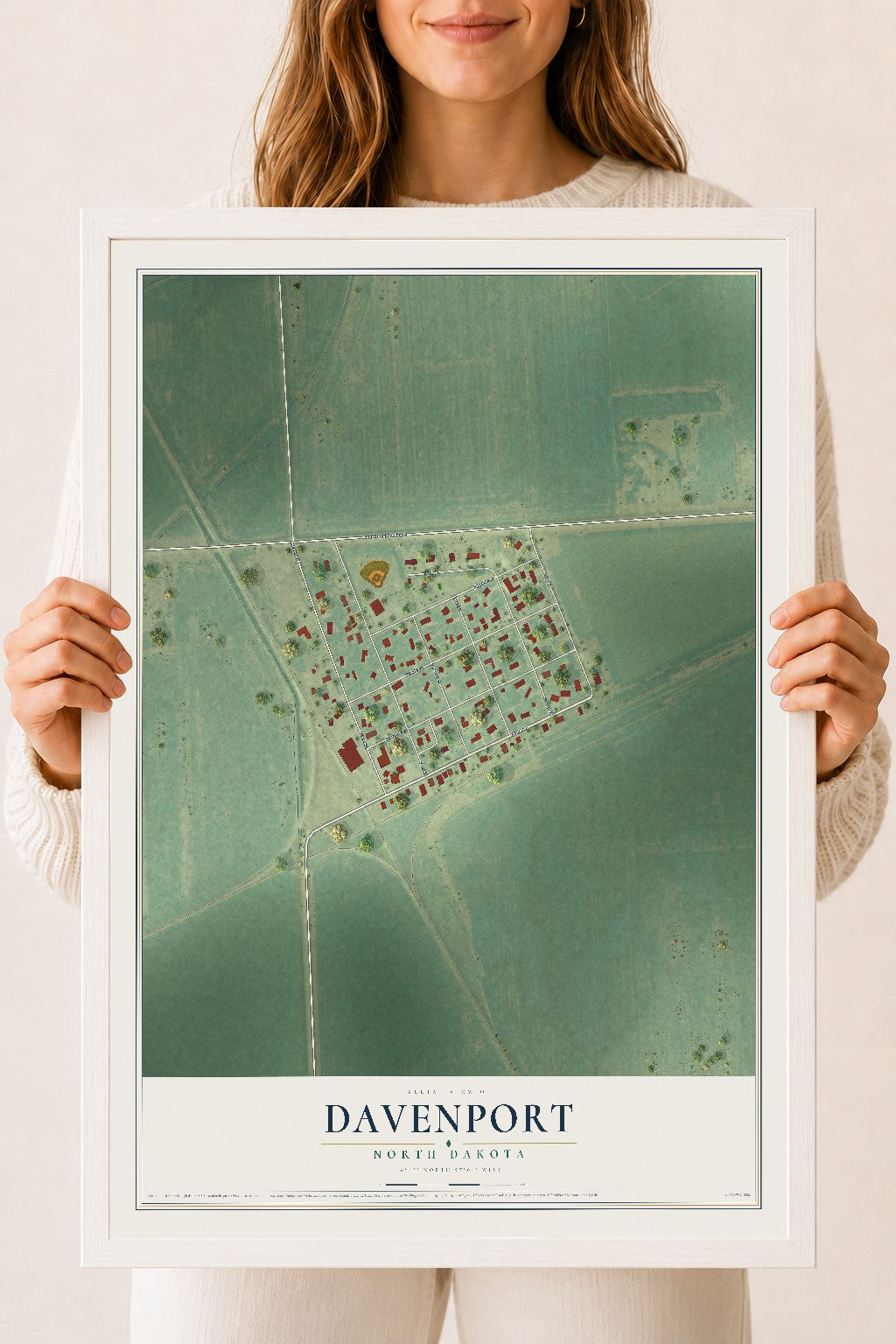 Map of Davenport, North Dakota, 18 x 24 inch print in a white wood frame