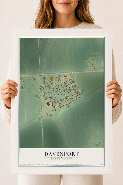 Map of Davenport, North Dakota, 18 x 24 inch print in a white wood frame
