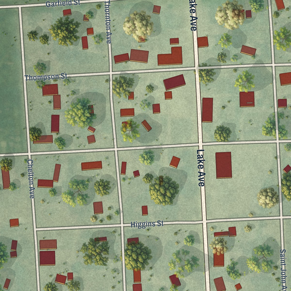 Close-up of the map of Dawson, North Dakota print showing street and building detail