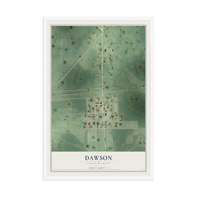 Map of Dawson, North Dakota, 12 x 18 inch print in a white wood frame