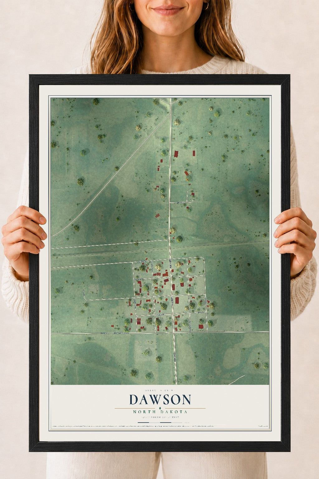 Map of Dawson, North Dakota, 18 x 24 inch print in a black wood frame