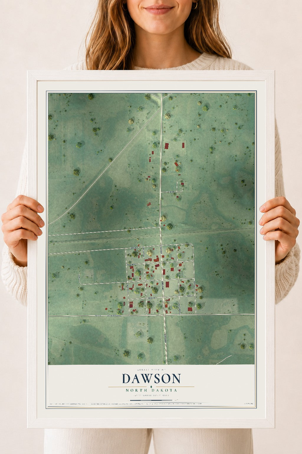 Map of Dawson, North Dakota, 18 x 24 inch print in a white wood frame