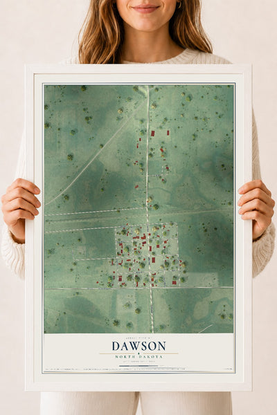 Map of Dawson, North Dakota, 18 x 24 inch print in a white wood frame