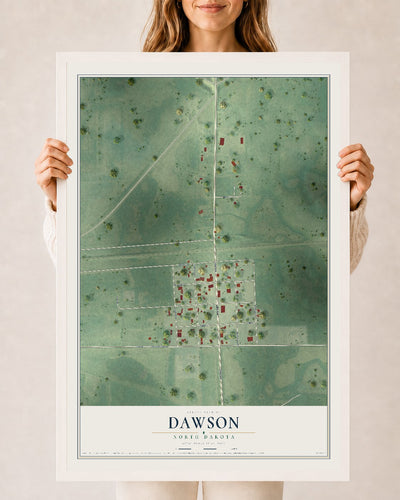Map of Dawson, North Dakota, 24 x 36 inch print in a white wood frame