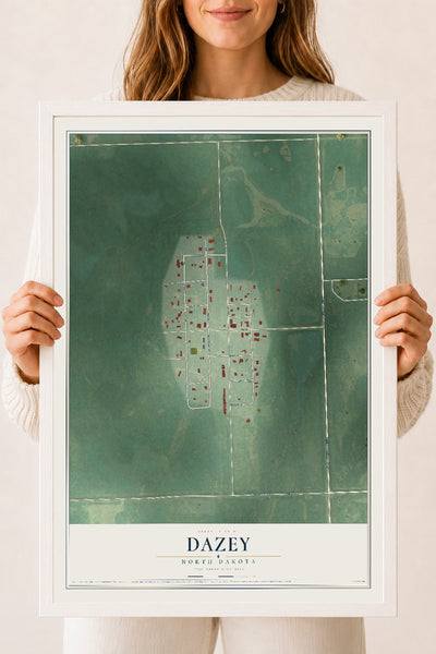 Map of Dazey, North Dakota, 18 x 24 inch print in a white wood frame