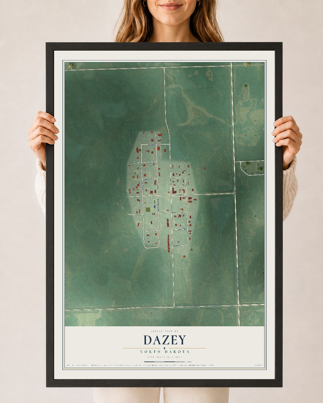 Map of Dazey, North Dakota, 24 x 36 inch print in a black wood frame