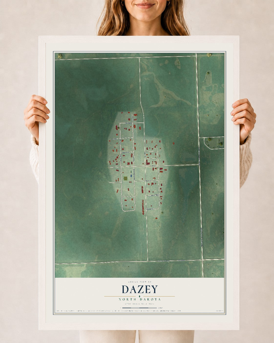 Map of Dazey, North Dakota, 24 x 36 inch print in a white wood frame