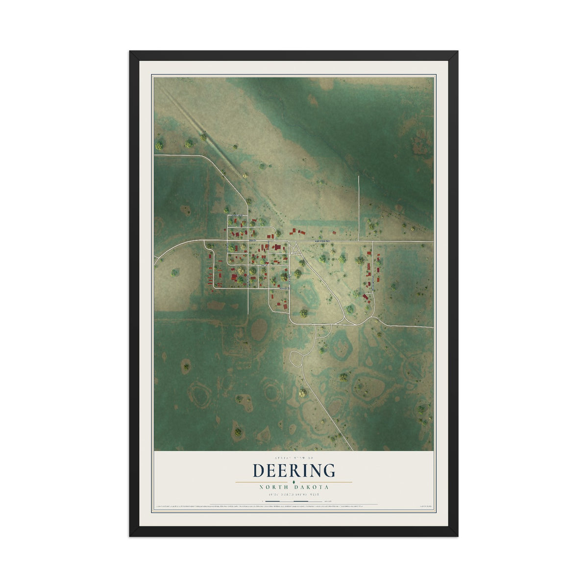 Map of Deering, North Dakota, 12 x 18 inch print in a black wood frame