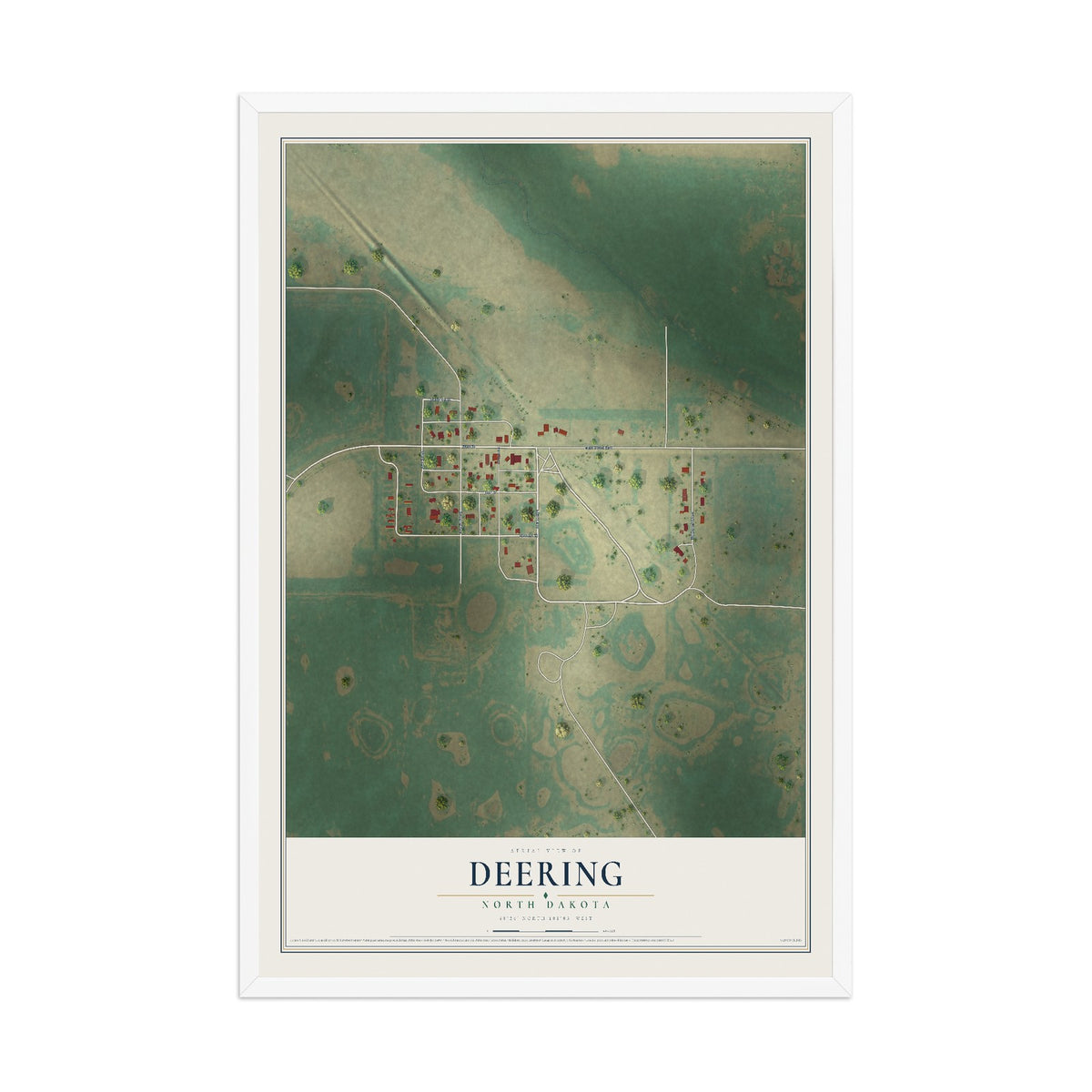 Map of Deering, North Dakota, 12 x 18 inch print in a white wood frame
