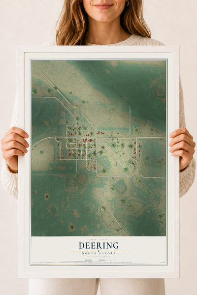 Map of Deering, North Dakota, 18 x 24 inch print in a white wood frame