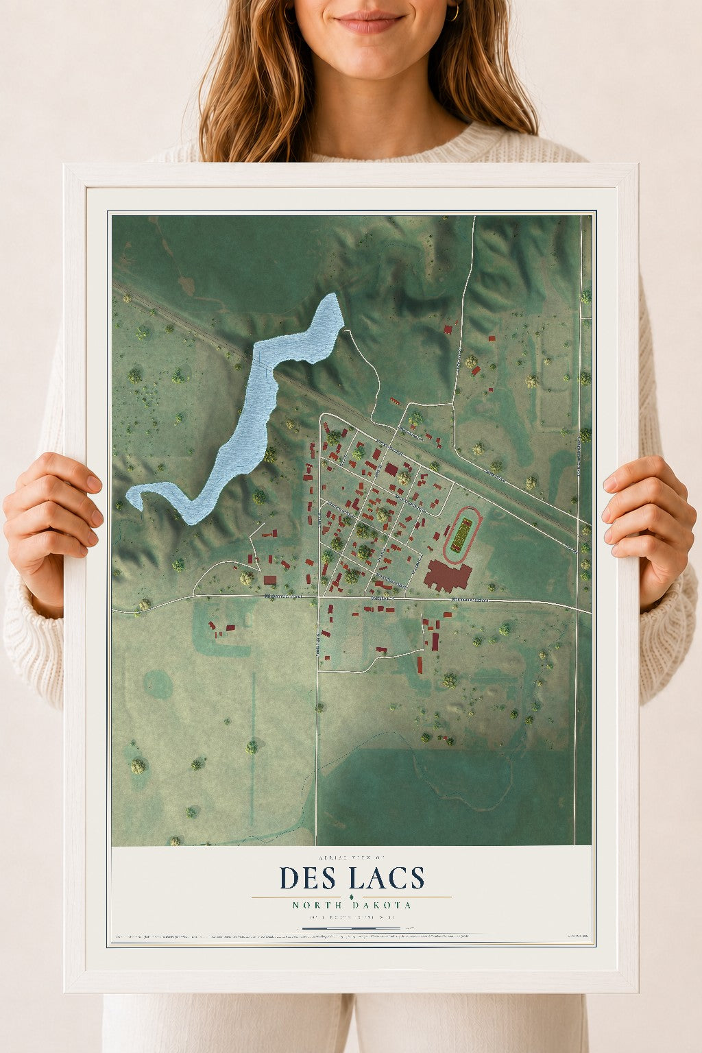 Map of Des Lacs, North Dakota, 18 x 24 inch print in a white wood frame