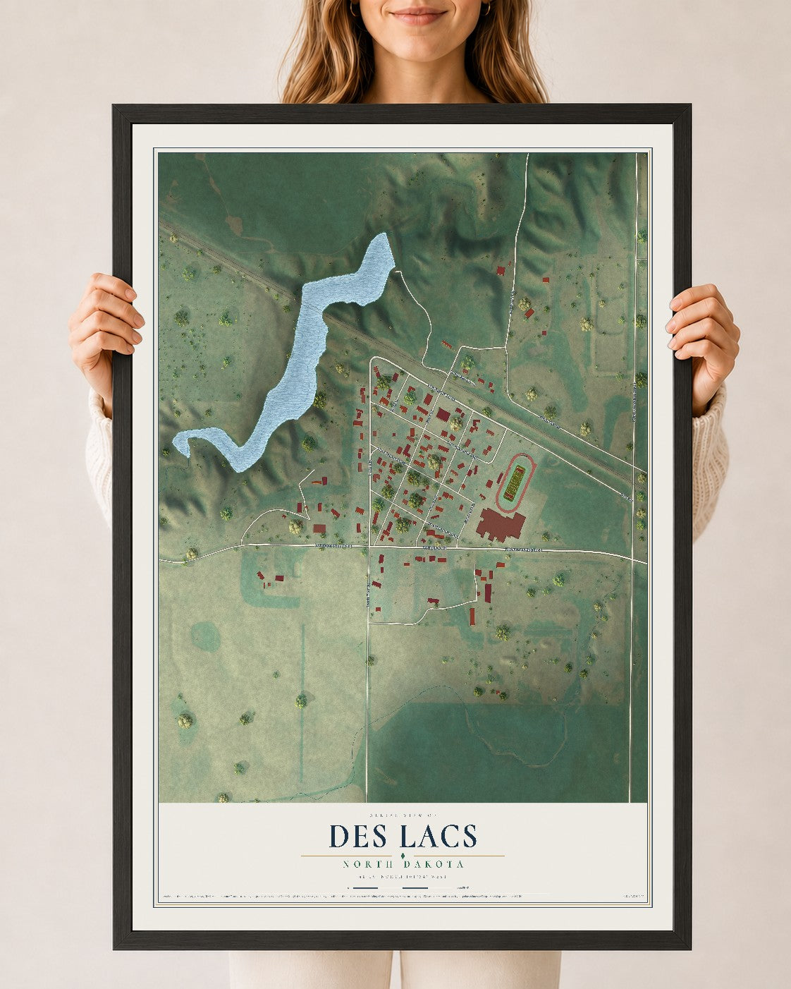 Map of Des Lacs, North Dakota, 24 x 36 inch print in a black wood frame
