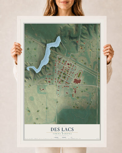 Map of Des Lacs, North Dakota, 24 x 36 inch print in a white wood frame