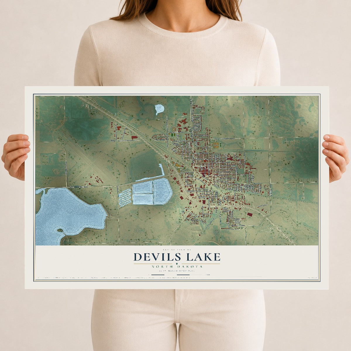 Map of Devils Lake, North Dakota, 12 x 18 inch unframed archival matte print
