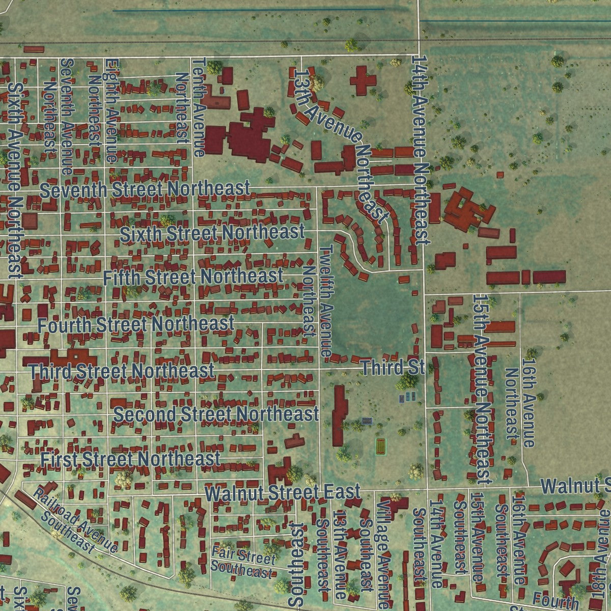 Close-up of the map of Devils Lake, North Dakota print showing street and building detail