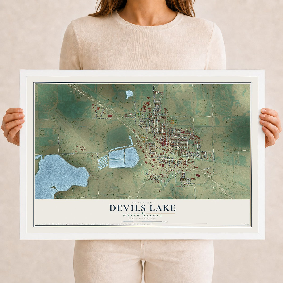 Map of Devils Lake, North Dakota, 12 x 18 inch print in a white wood frame