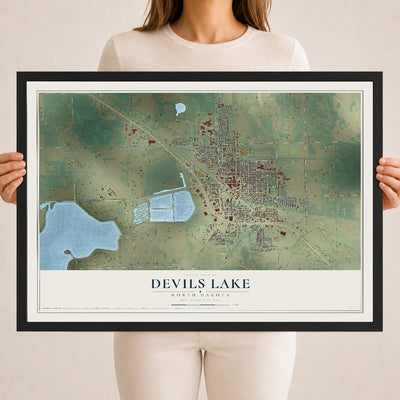 Map of Devils Lake, North Dakota, 18 x 24 inch print in a black wood frame