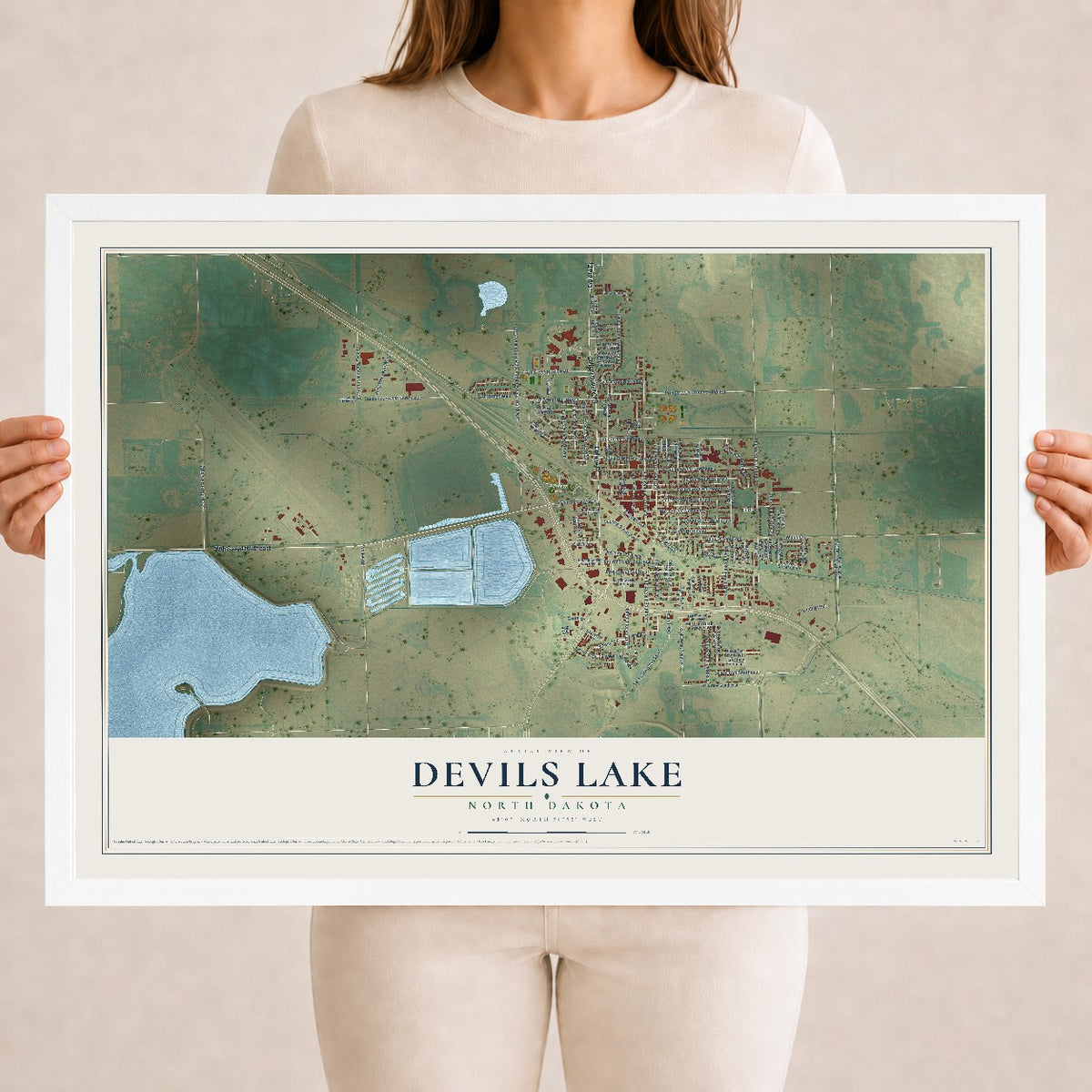 Map of Devils Lake, North Dakota, 18 x 24 inch print in a white wood frame