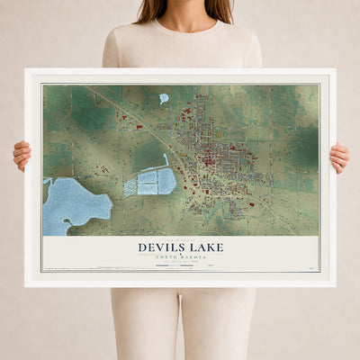 Map of Devils Lake, North Dakota, 24 x 36 inch print in a white wood frame