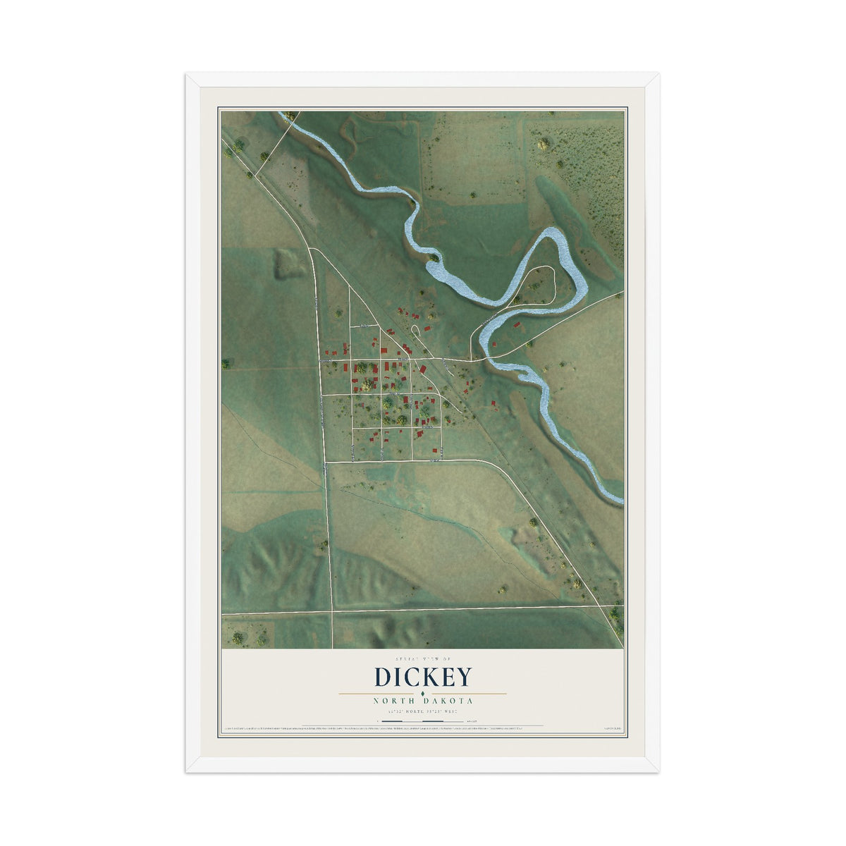 Map of Dickey, North Dakota, 12 x 18 inch print in a white wood frame