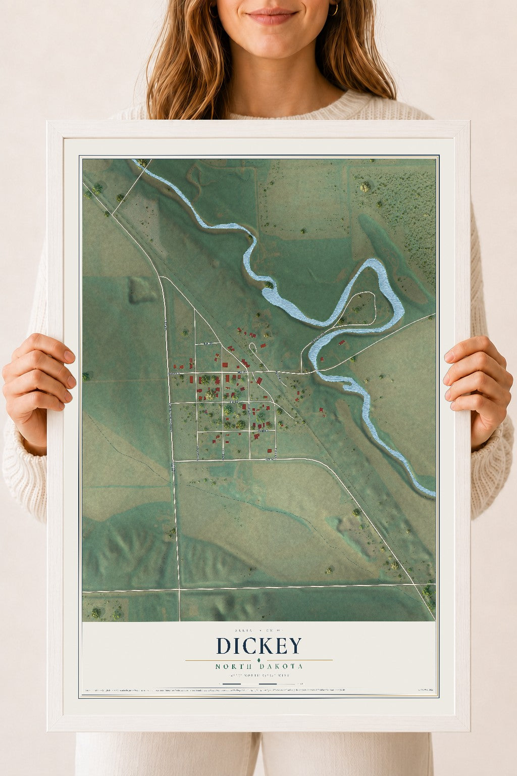 Map of Dickey, North Dakota, 18 x 24 inch print in a white wood frame