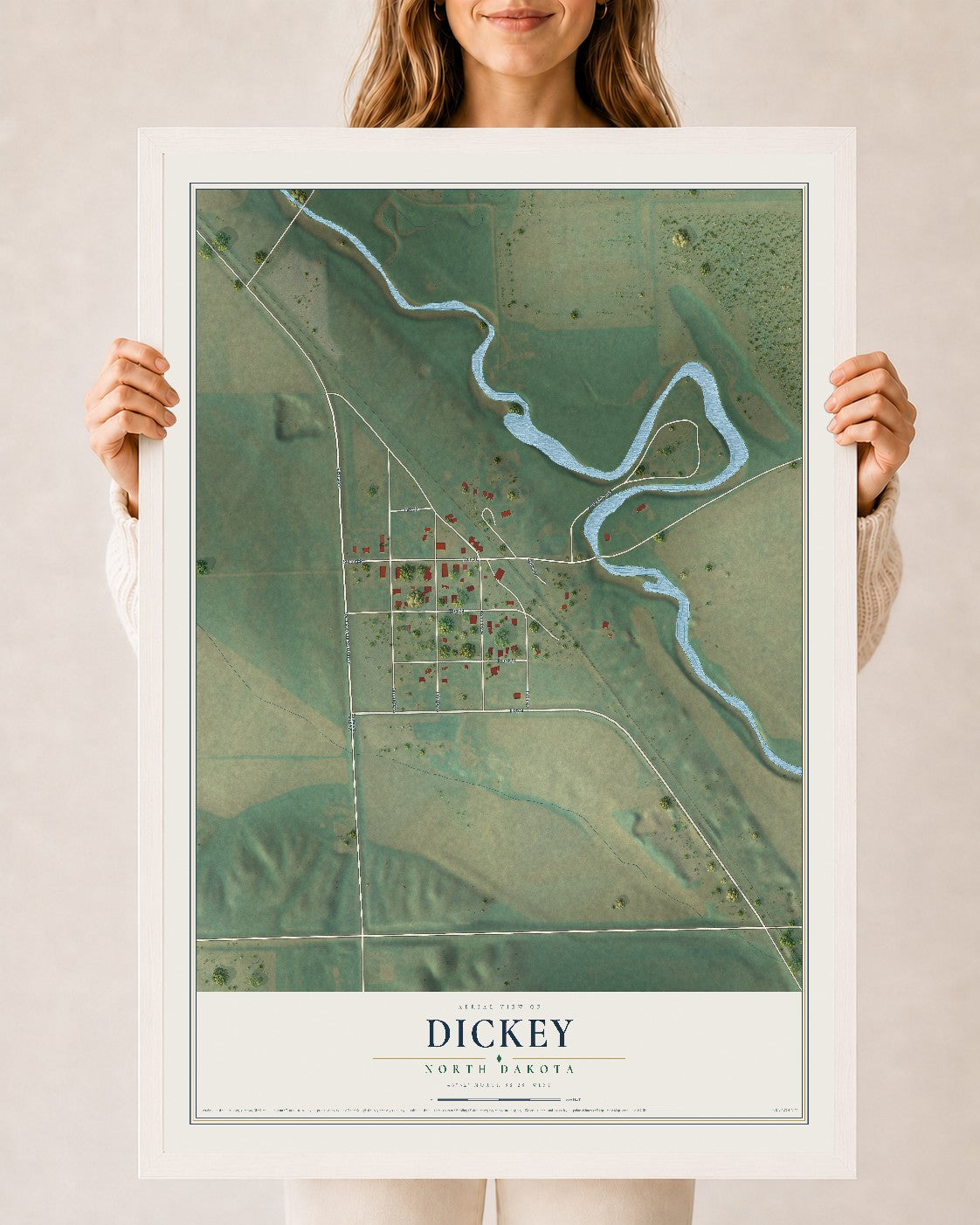Map of Dickey, North Dakota, 24 x 36 inch print in a white wood frame