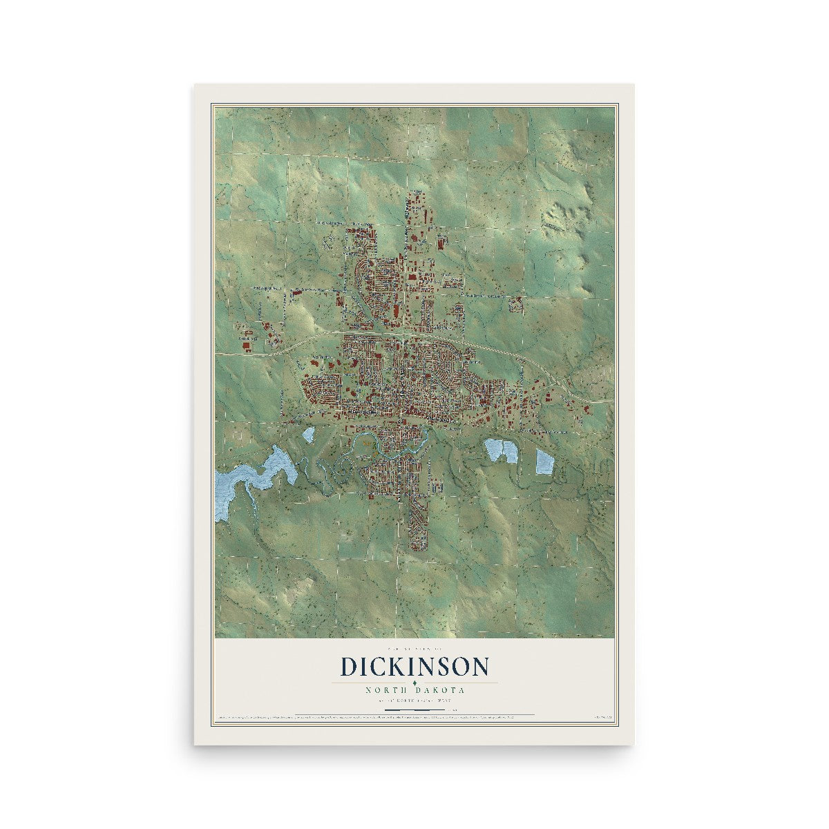 Map of Dickinson, North Dakota, 12 x 18 inch unframed archival matte print