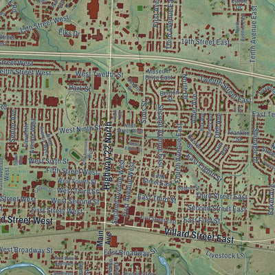 Close-up of the map of Dickinson, North Dakota print showing street and building detail