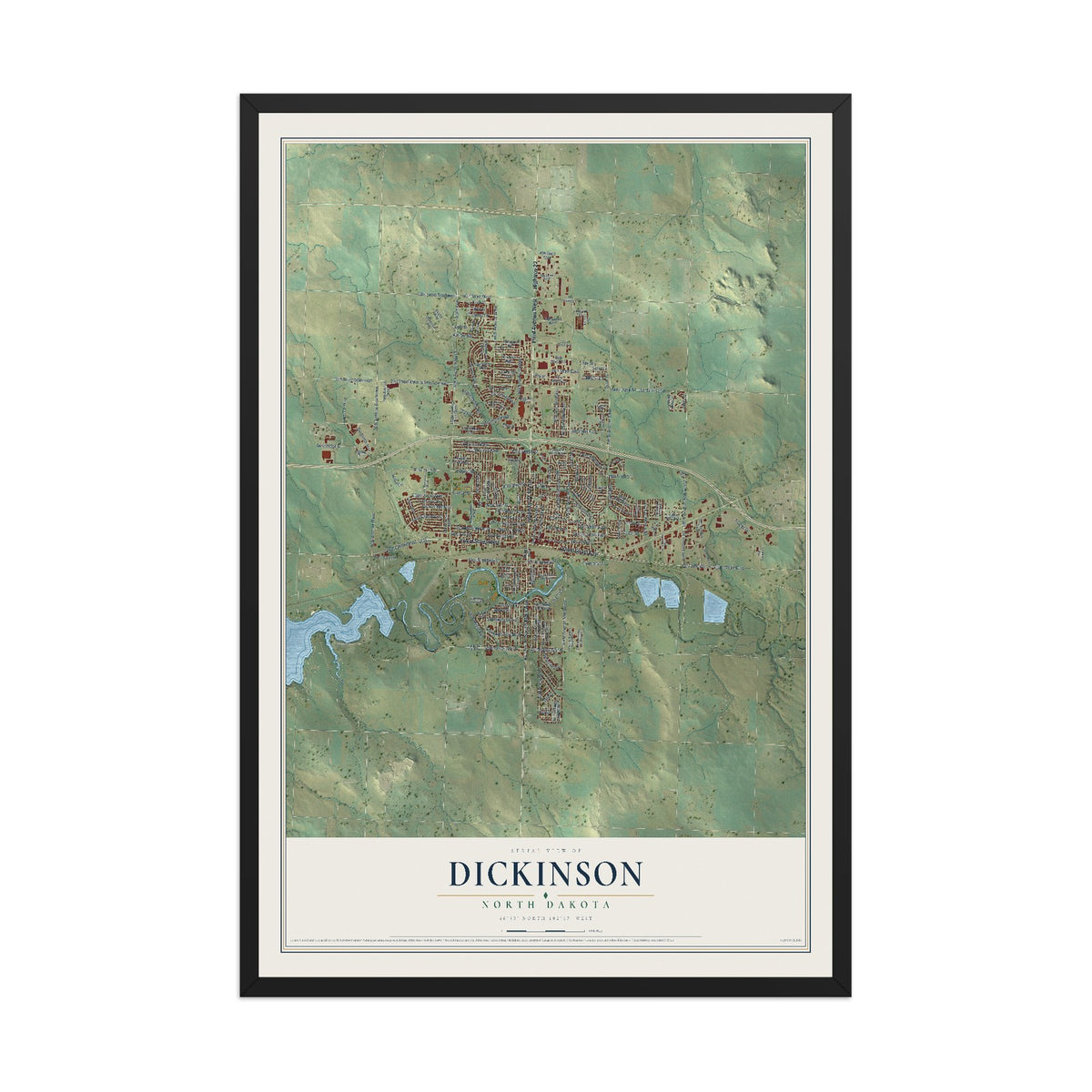 Map of Dickinson, North Dakota, 12 x 18 inch print in a black wood frame