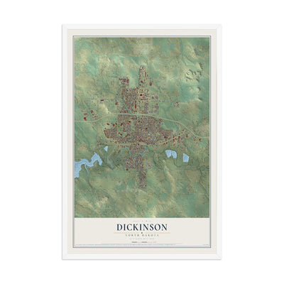 Map of Dickinson, North Dakota, 12 x 18 inch print in a white wood frame
