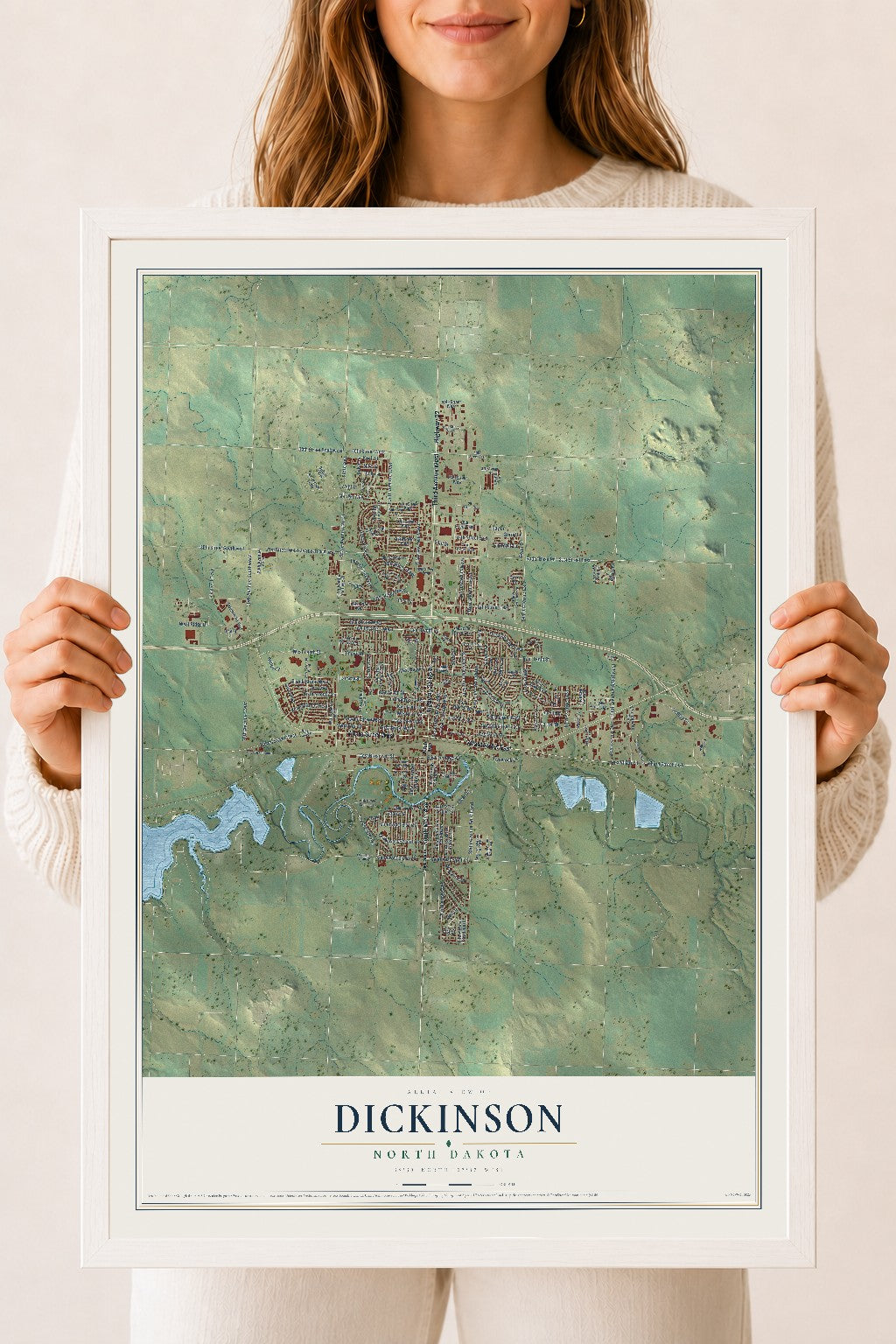 Map of Dickinson, North Dakota, 18 x 24 inch print in a white wood frame