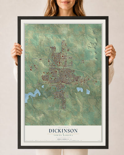 Map of Dickinson, North Dakota, 24 x 36 inch print in a black wood frame