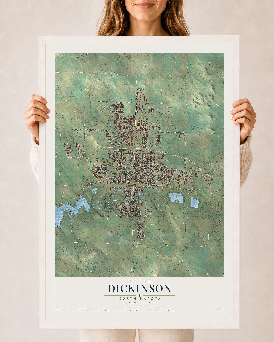 Map of Dickinson, North Dakota, 24 x 36 inch print in a white wood frame