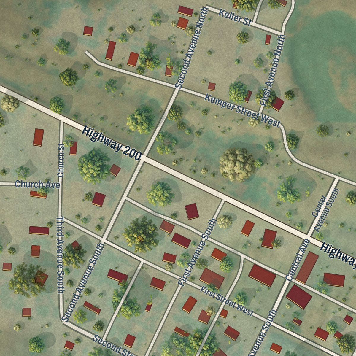 Close-up of the map of Dodge, North Dakota print showing street and building detail