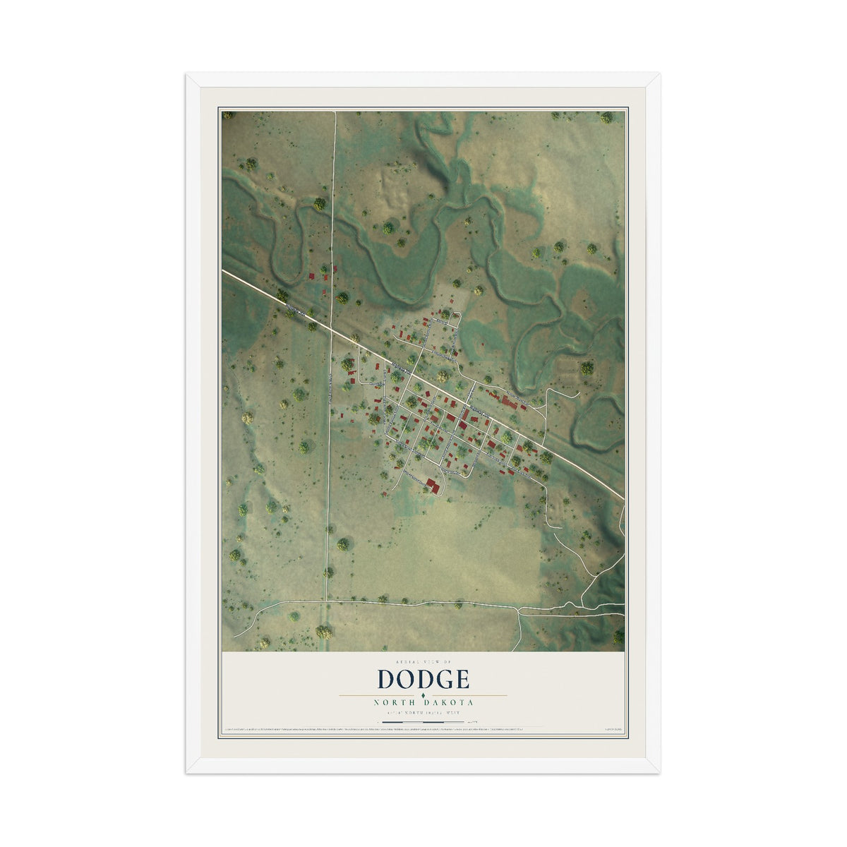 Map of Dodge, North Dakota, 12 x 18 inch print in a white wood frame