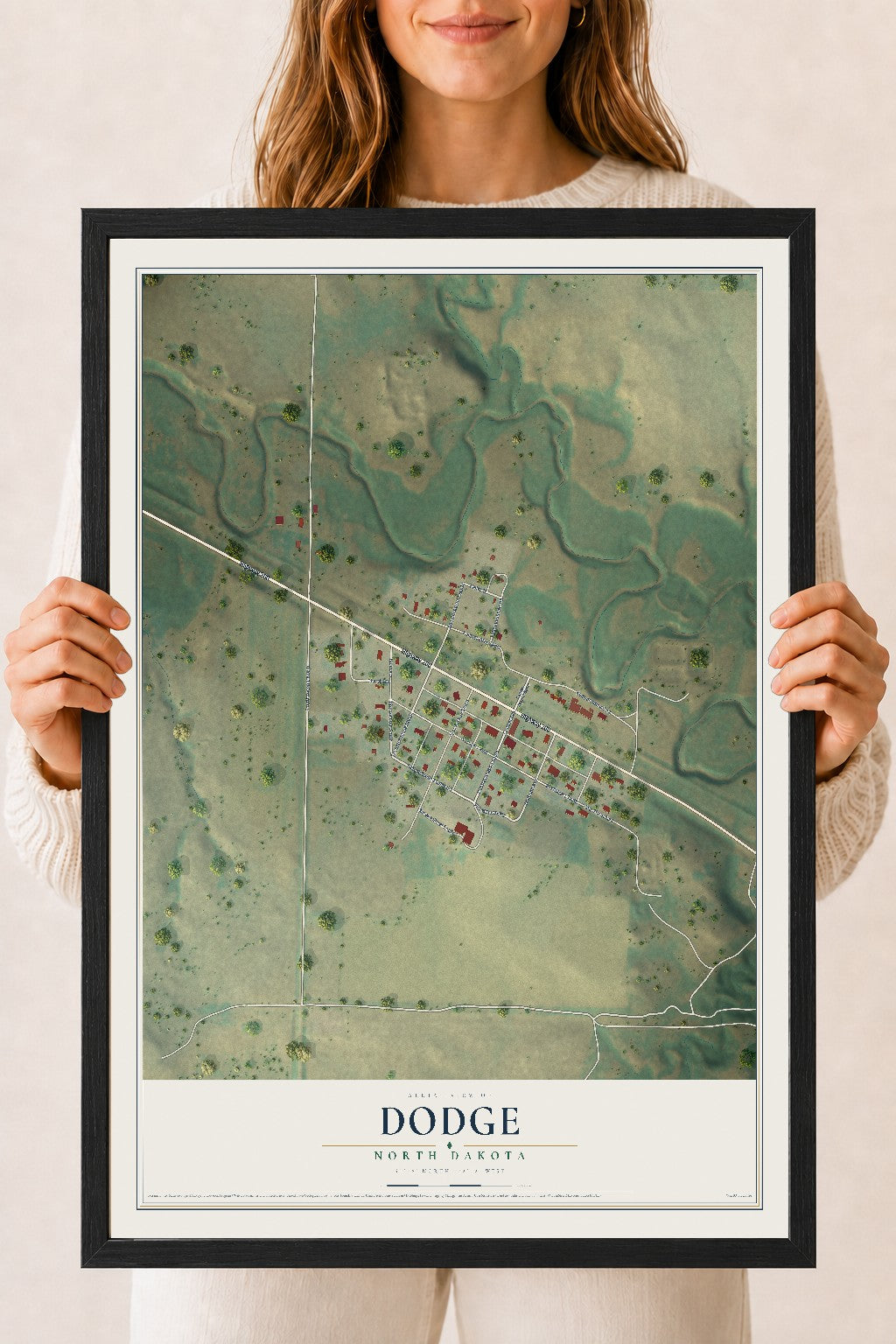 Map of Dodge, North Dakota, 18 x 24 inch print in a black wood frame