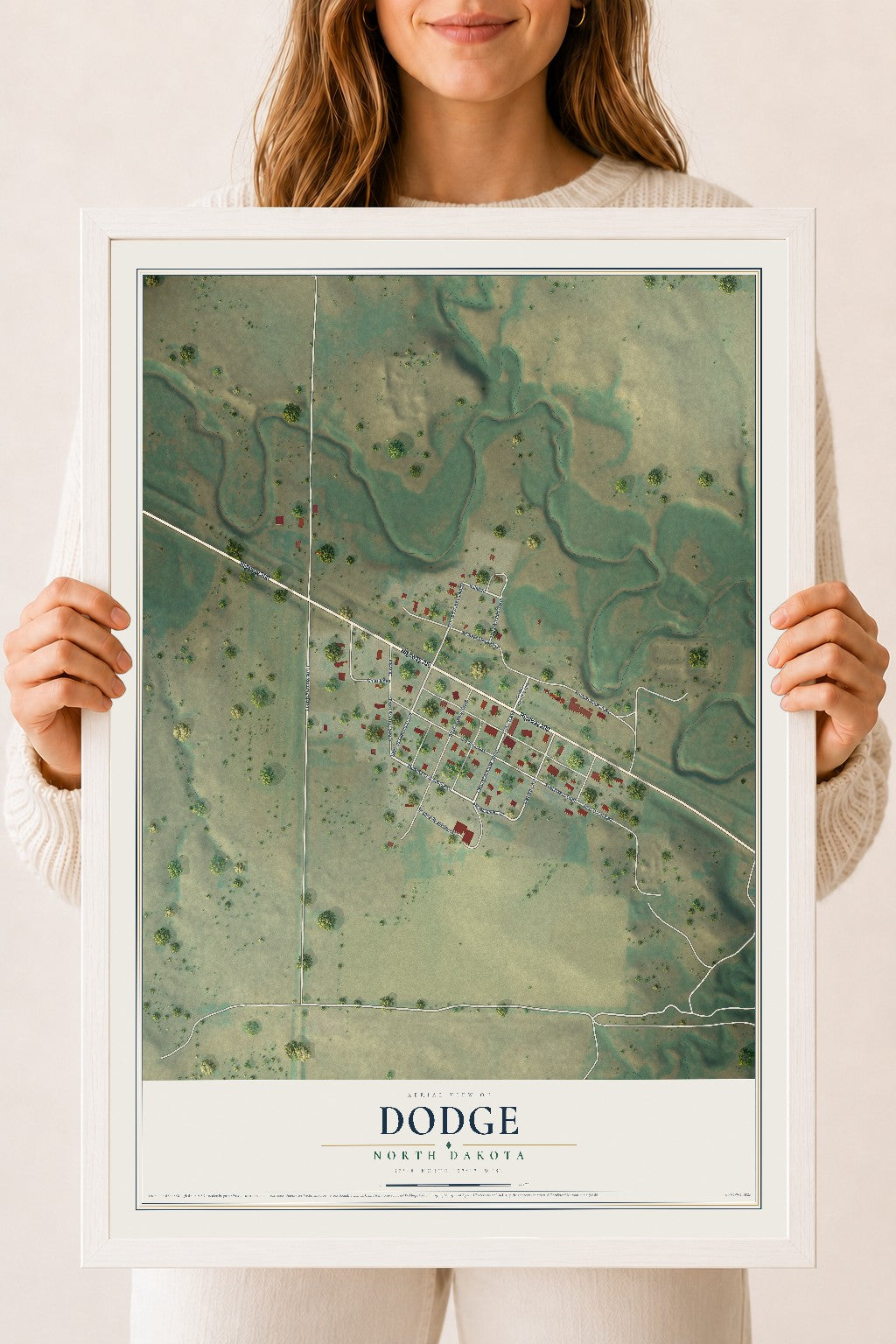 Map of Dodge, North Dakota, 18 x 24 inch print in a white wood frame