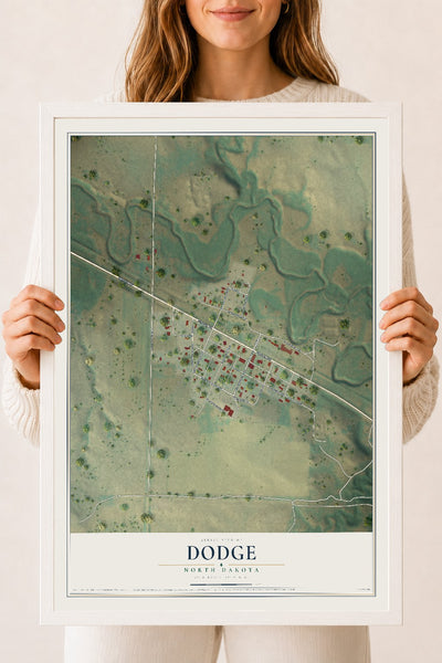 Map of Dodge, North Dakota, 18 x 24 inch print in a white wood frame