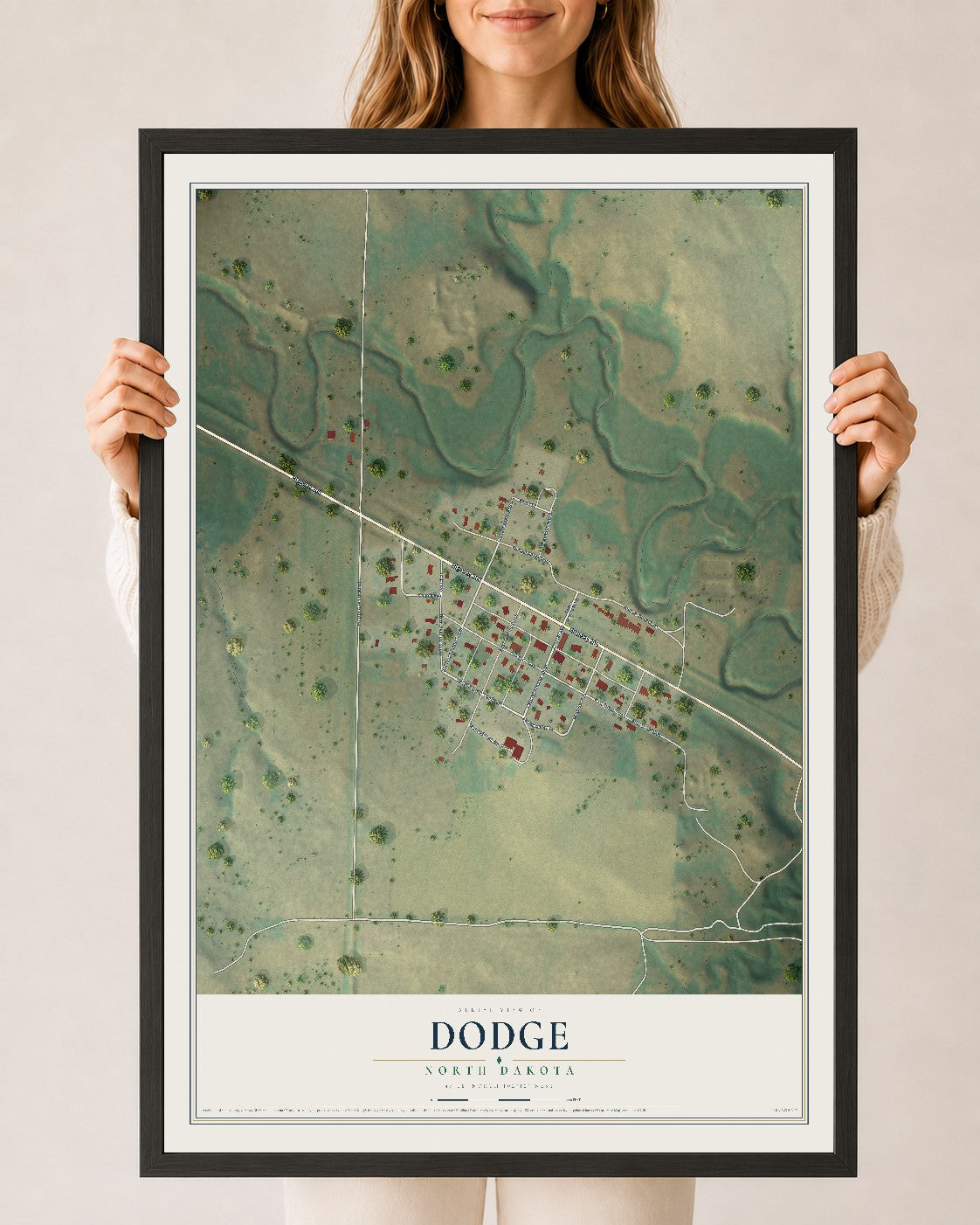 Map of Dodge, North Dakota, 24 x 36 inch print in a black wood frame